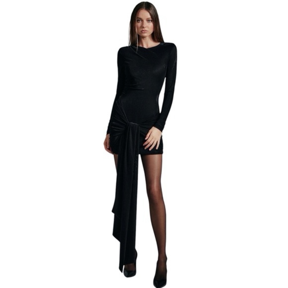 Bardot Black Long Sleeve Dress with Drape Detail